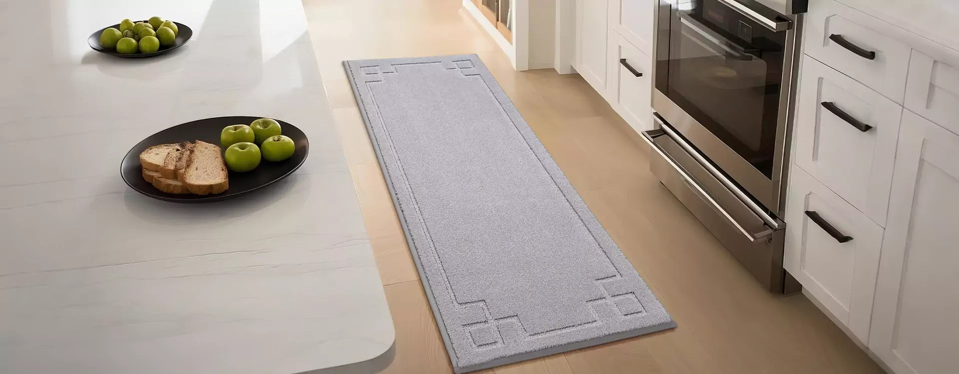 A Long and Large Durable Kitchen Rug Laying in Front of Cooking Bench