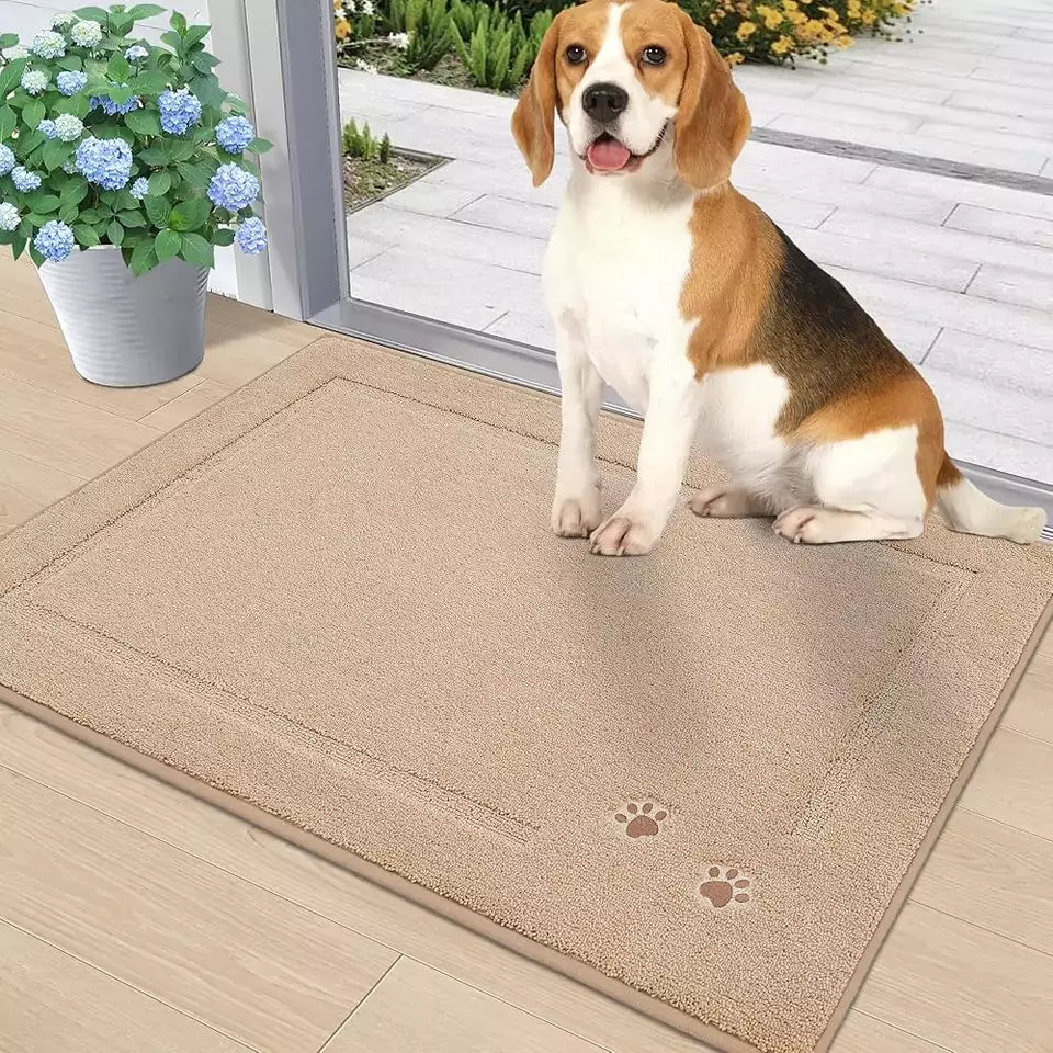 20x32 Beige Embroidered Dog Paw Prints Mud Rug for Dogs