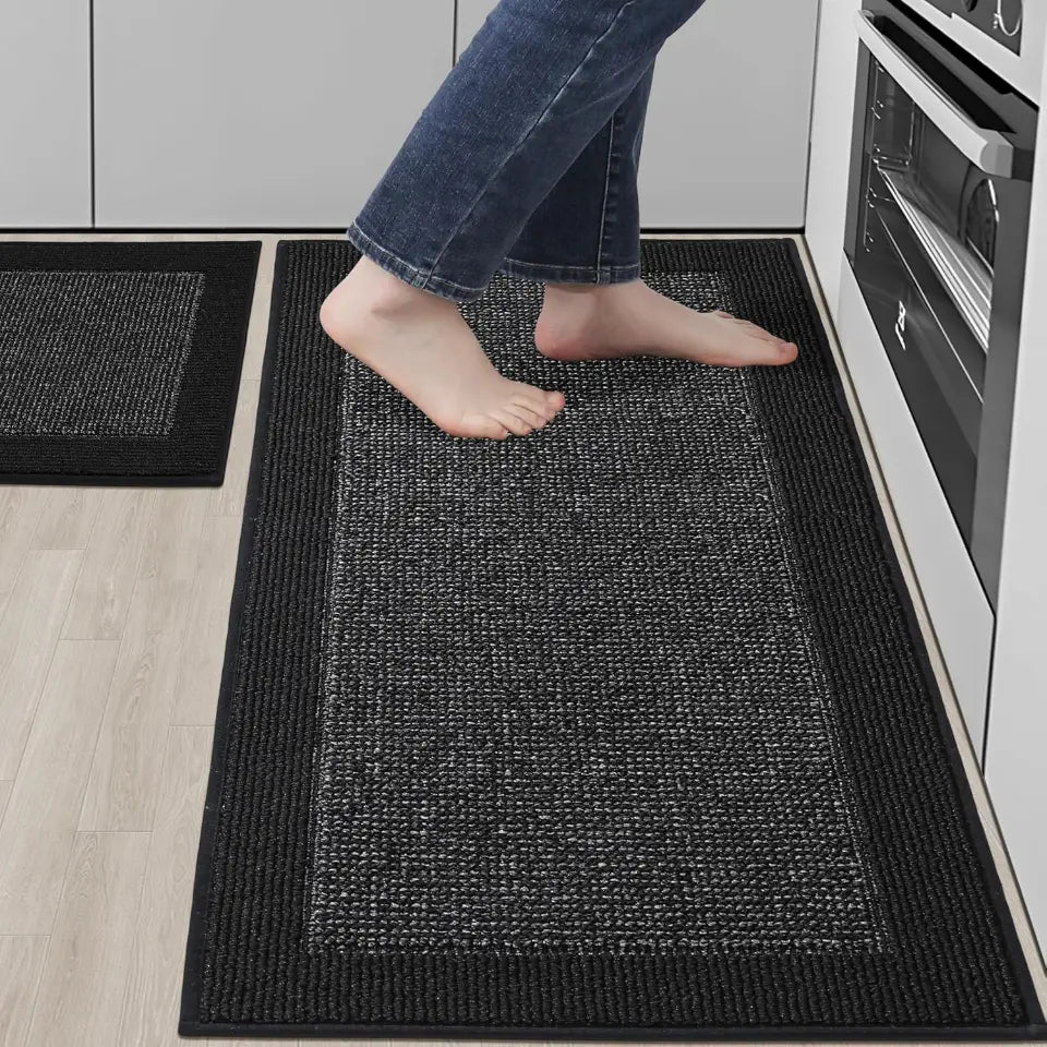 20x32 20x48 Black Solid Colored Bordered Long Kitchen Rug Sets
