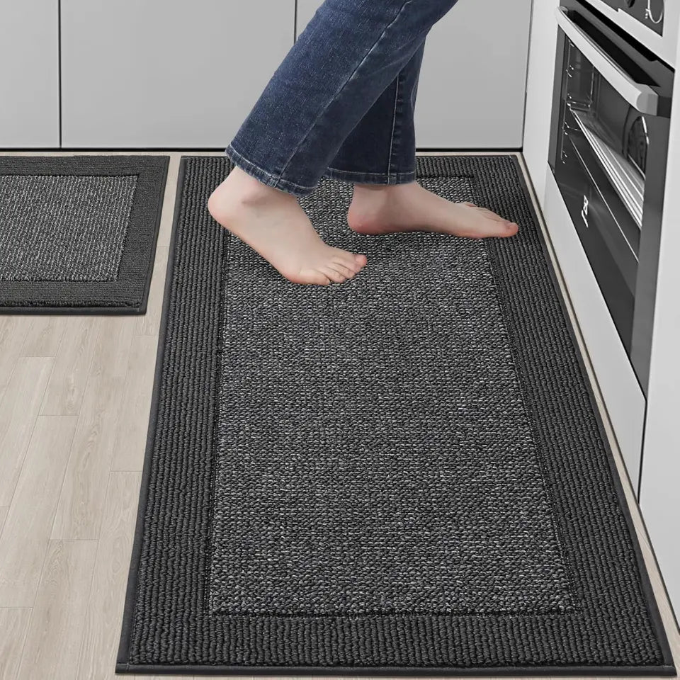 20x32 20x48 Charcoal Solid Colored Bordered Long Kitchen Rug Sets