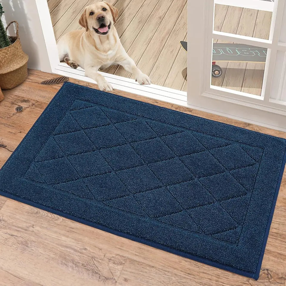 20x32 Navy Blue Embossed Diamond Lattice with Border Door Mats