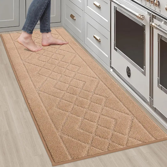 20x59 Beige Embossed Diamond Lattice with Two Side Border Kitchen Rugs