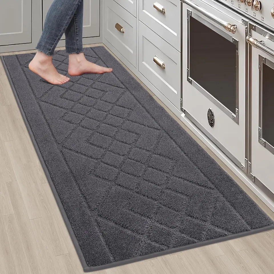 20x59 Dark Grey Embossed Diamond Lattice with Two Side Border Kitchen Rugs