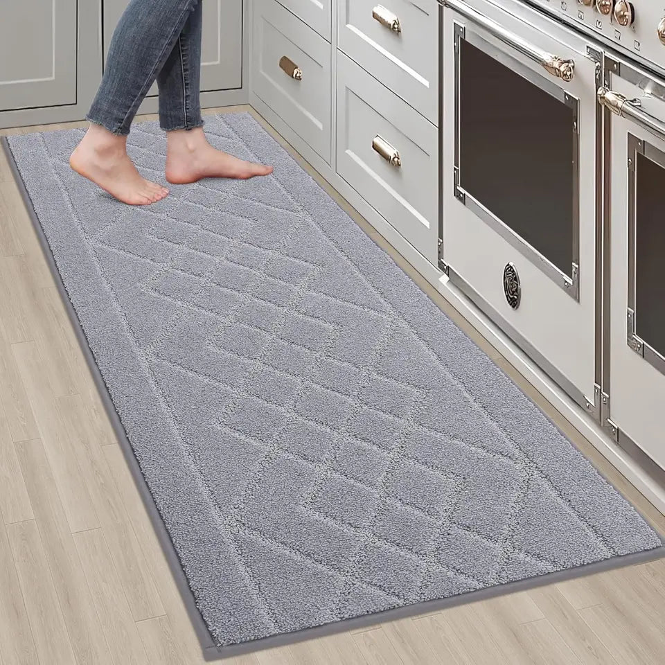 20x59 Grey Embossed Diamond Lattice with Two Side Border Kitchen Rugs