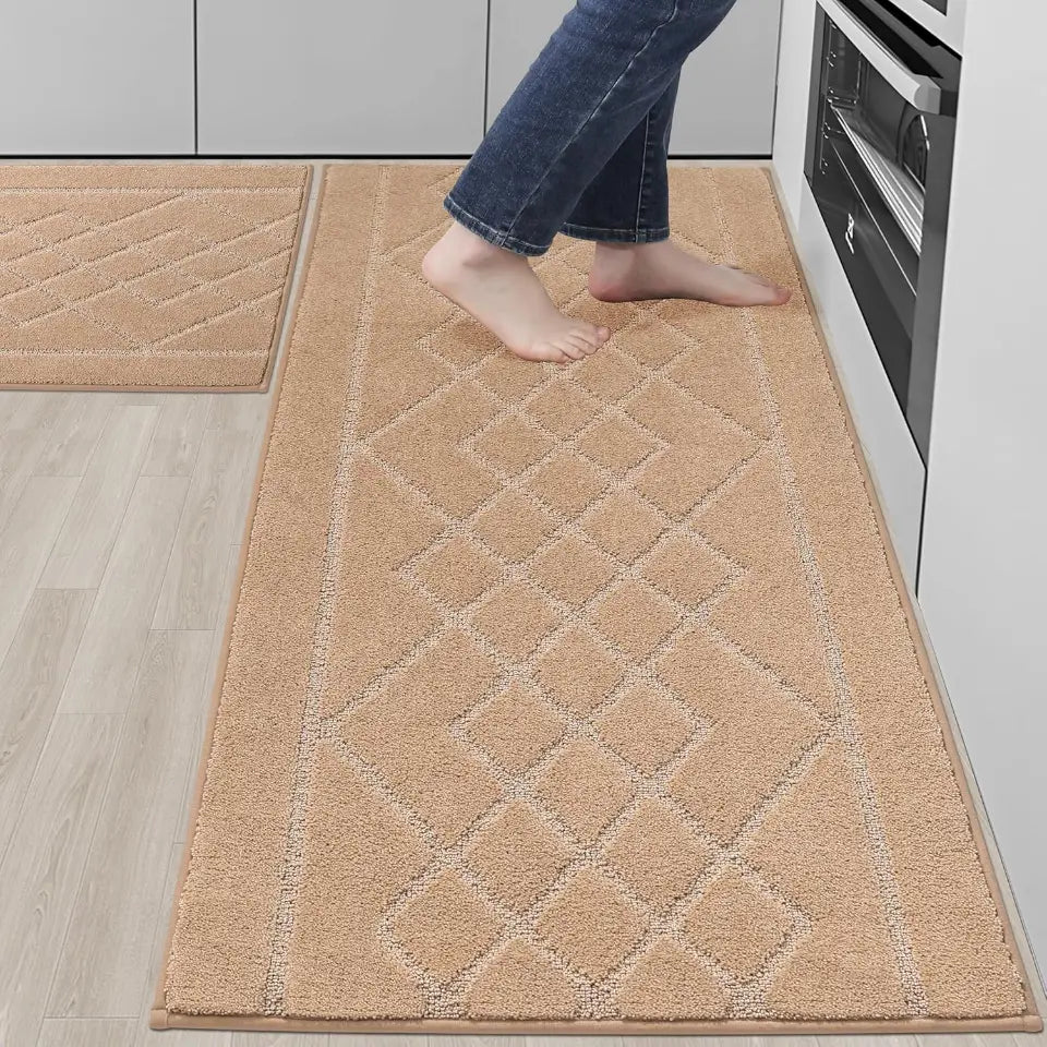 24x35 24x60 Beige Embossed Diamond Lattice with Two Side Border Kitchen Rugs