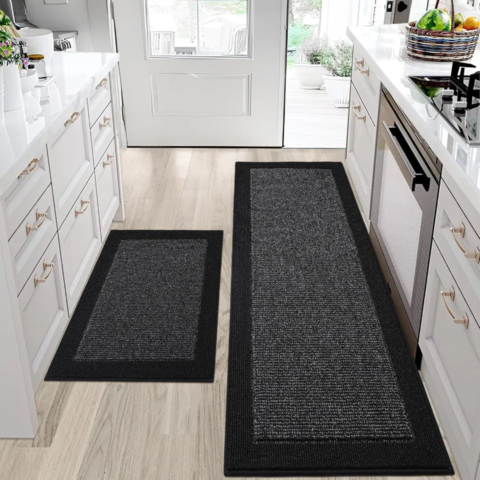 24x36 24x60 Black Solid Colored Bordered Long Kitchen Rug Sets