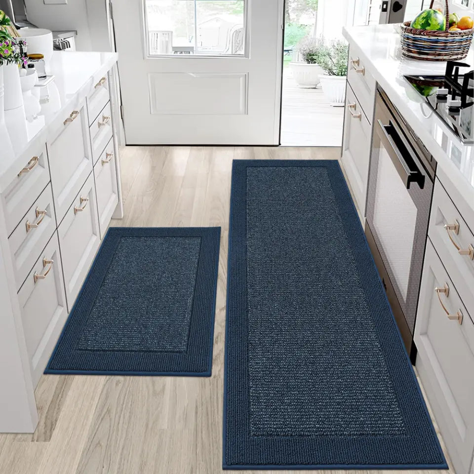 24x36 24x60 Blue Solid Colored Bordered Long Kitchen Rug Sets