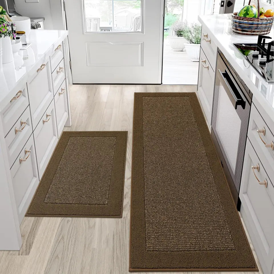 24x36 24x60 Brown Solid Colored Bordered Long Kitchen Rug Sets