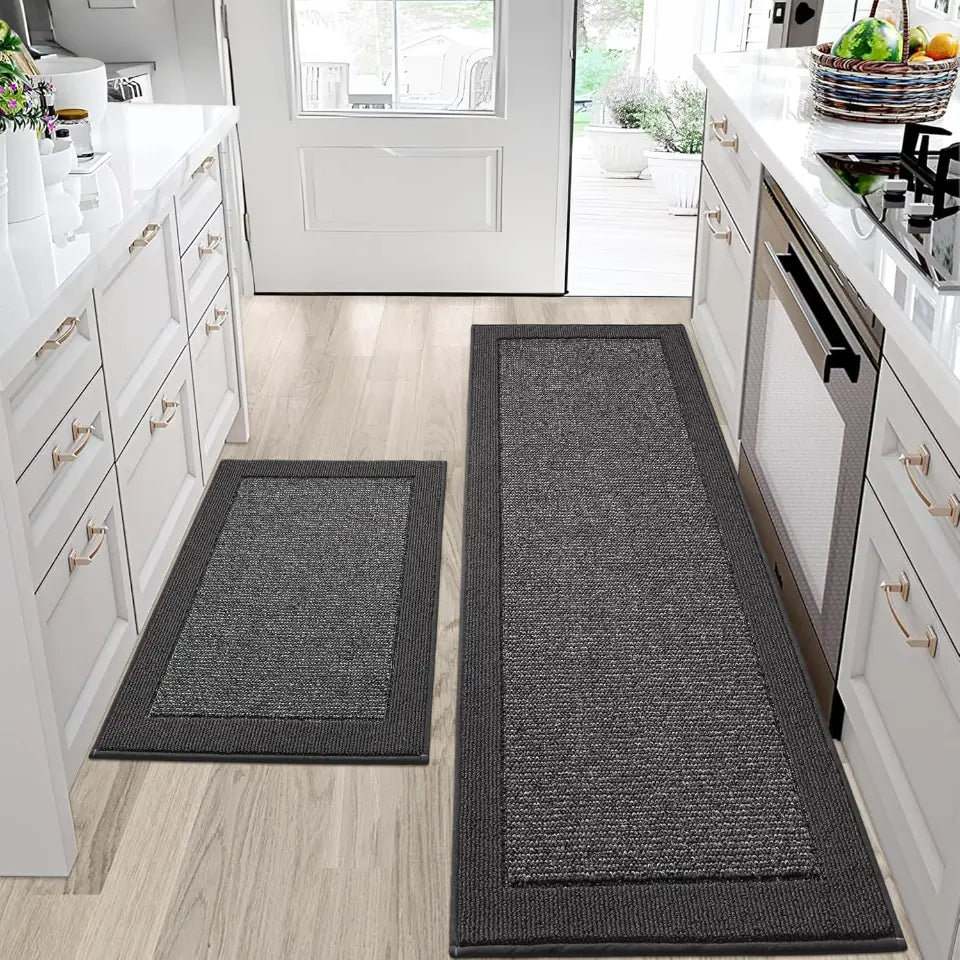 24x36 24x60 Charcoal Solid Colored Bordered Long Kitchen Rug Sets