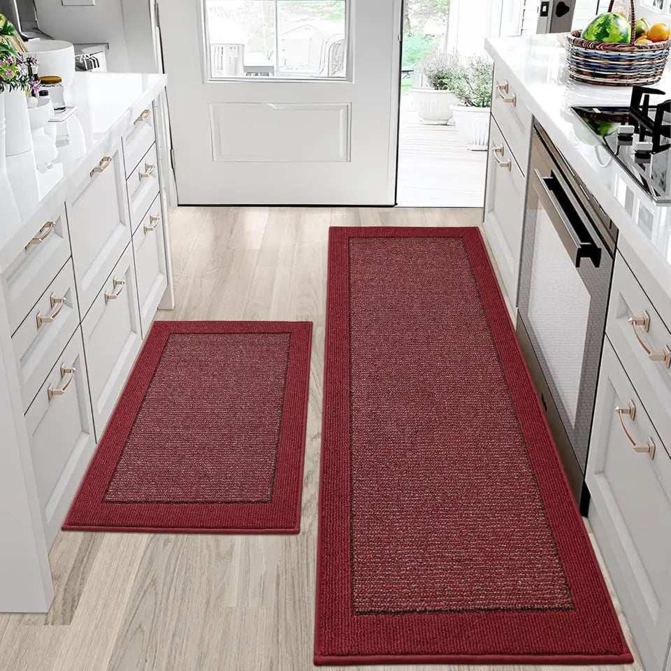 24x36 24x60 Red Solid Colored Bordered Long Kitchen Rug Sets