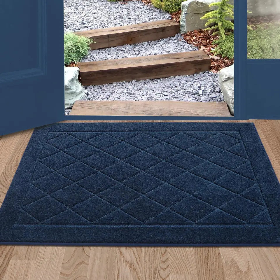 24x36 Navy Blue Embossed Diamond Lattice with Border Door Mats