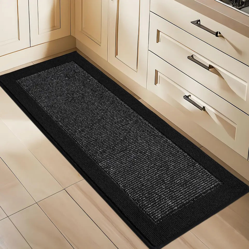 24x60 Black Solid Colored Bordered Long Kitchen Rug Sets