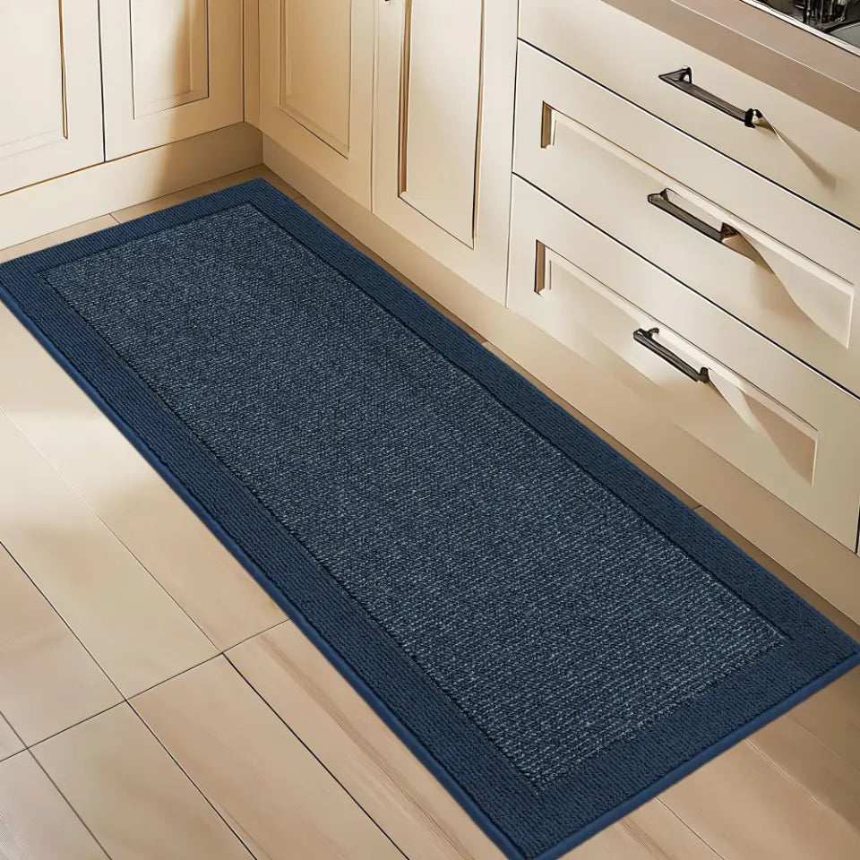 24x60 Blue Solid Colored Bordered Long Kitchen Rug Sets