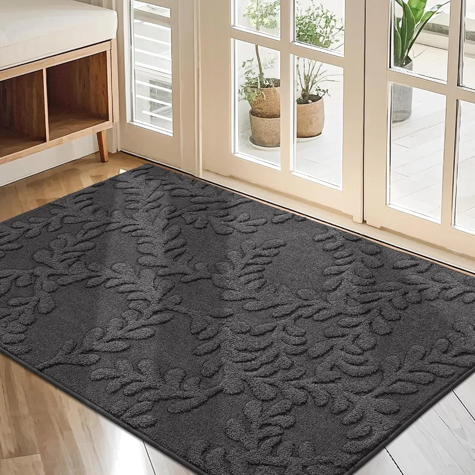 32x48 Dark Grey Prominent Embossed Leaf Stylish Door Mats