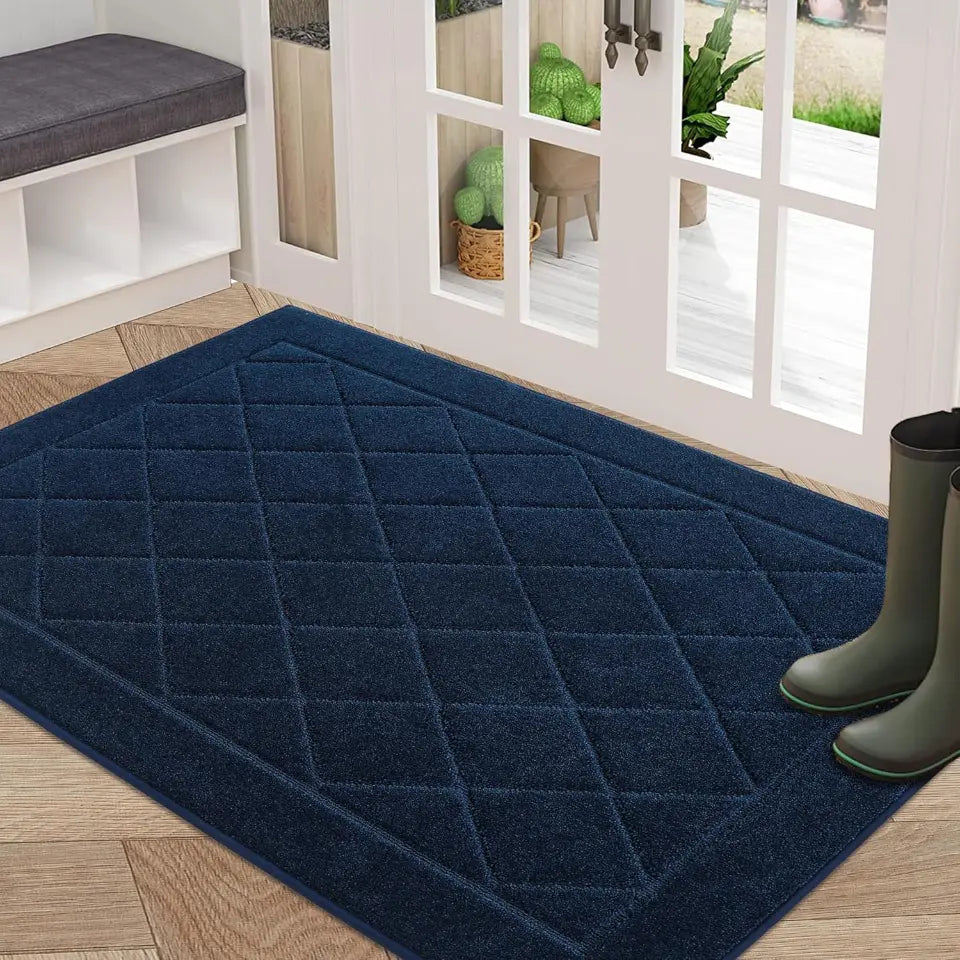 32x48 Navy Blue Embossed Diamond Lattice with Border Door Mats