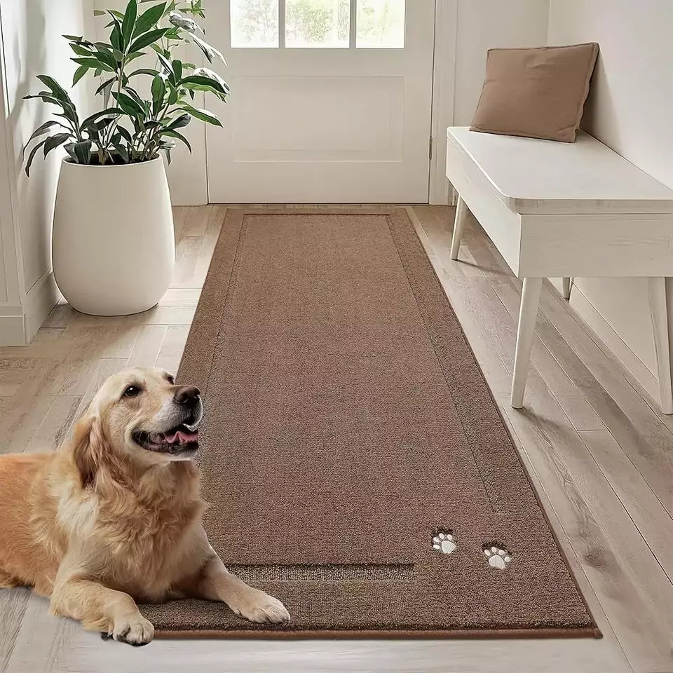32x70 Brown Embroidered Dog Paw Prints Mud Rug for Dogs