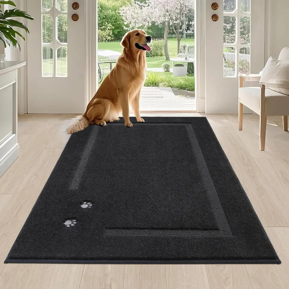 36x60 Black Embroidered Dog Paw Prints Mud Rug for Dogs