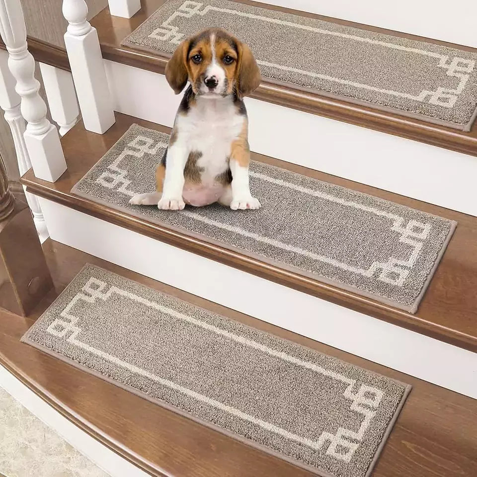 Beige Classic Framed Modern Stair Rugs Set