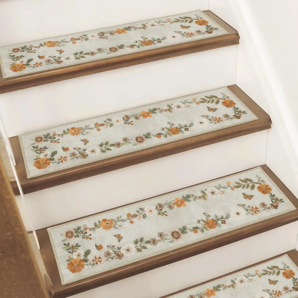 Staircase with floral-patterned stair treads on a white background