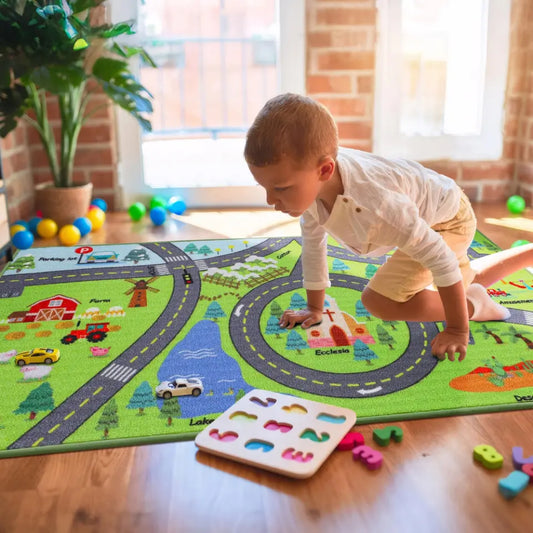 Boy Playing Toy Cars on Play Rug