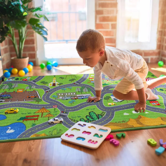 Boy Playing on 32x60 Community Road Rug Play Mat