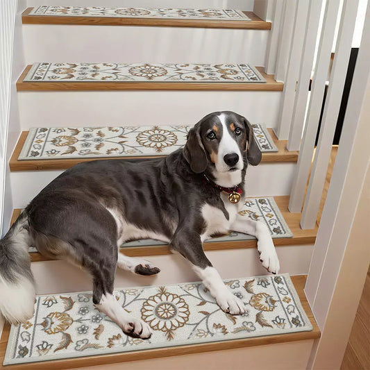 Dog Lay on Brown and Grey Floral Pattern Carpet Stair Treads Set