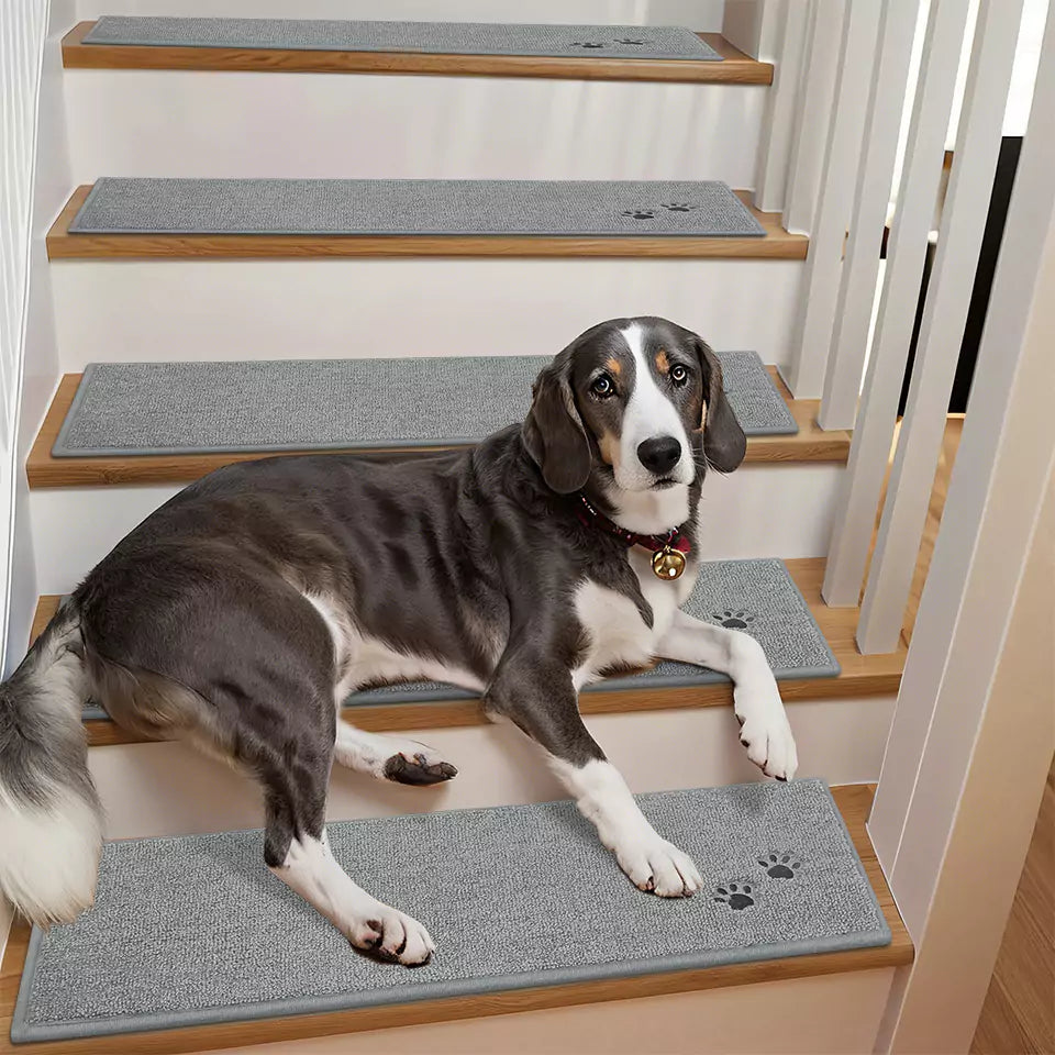 Dog Lay on Grey Embroidered Dog Paw Prints Stair Corner Mat on Steps