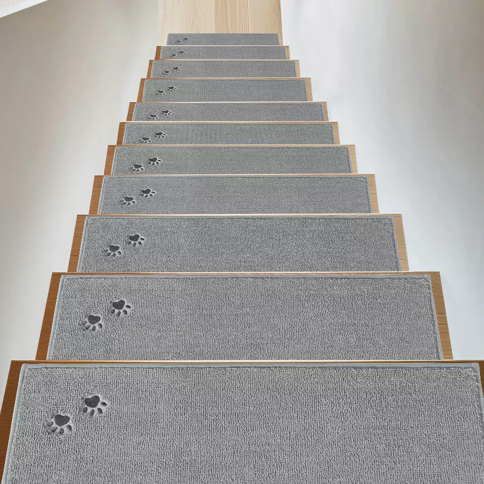 Grey Embroidered Dog Paw Prints Stair Corner Mat on Steps