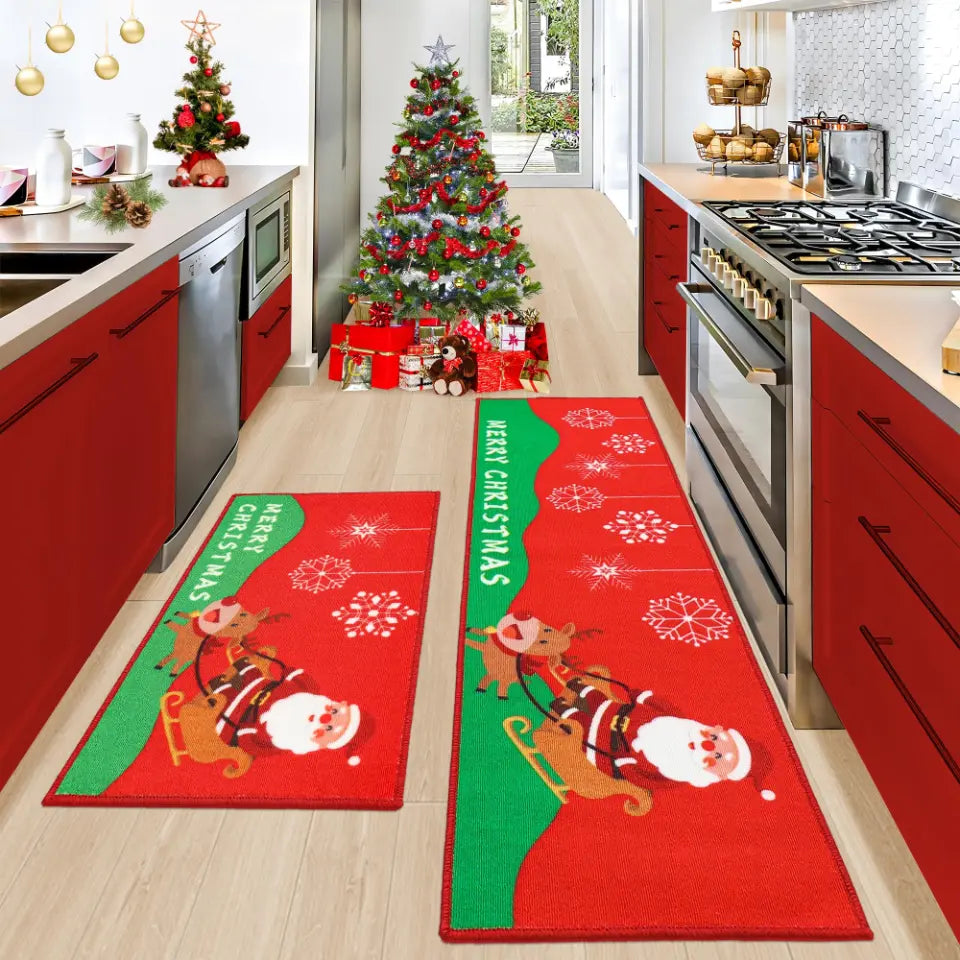 Santa Claus Christmas Kitchen Mat Sets on Kitchen Floor