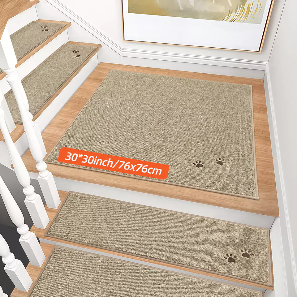 Size of Beige Embroidered Dog Paw Prints Stair Corner Mat