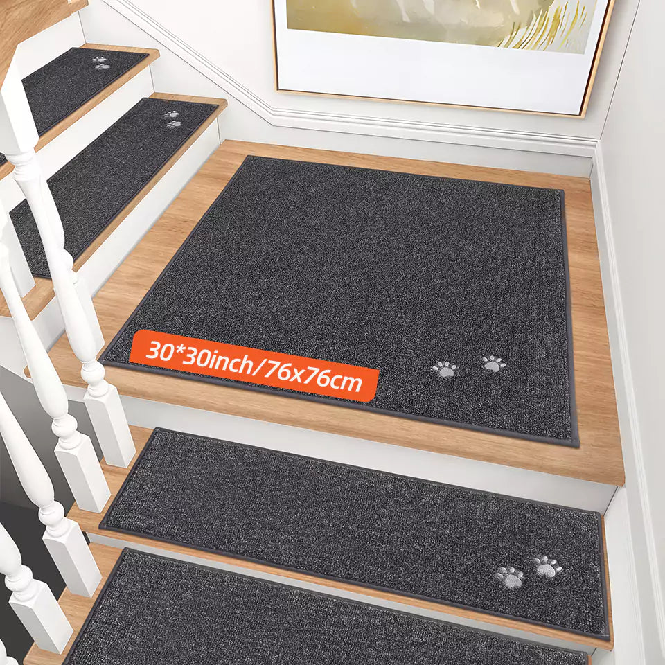 Size of Dark Grey Embroidered Dog Paw Prints Stair Corner Mat