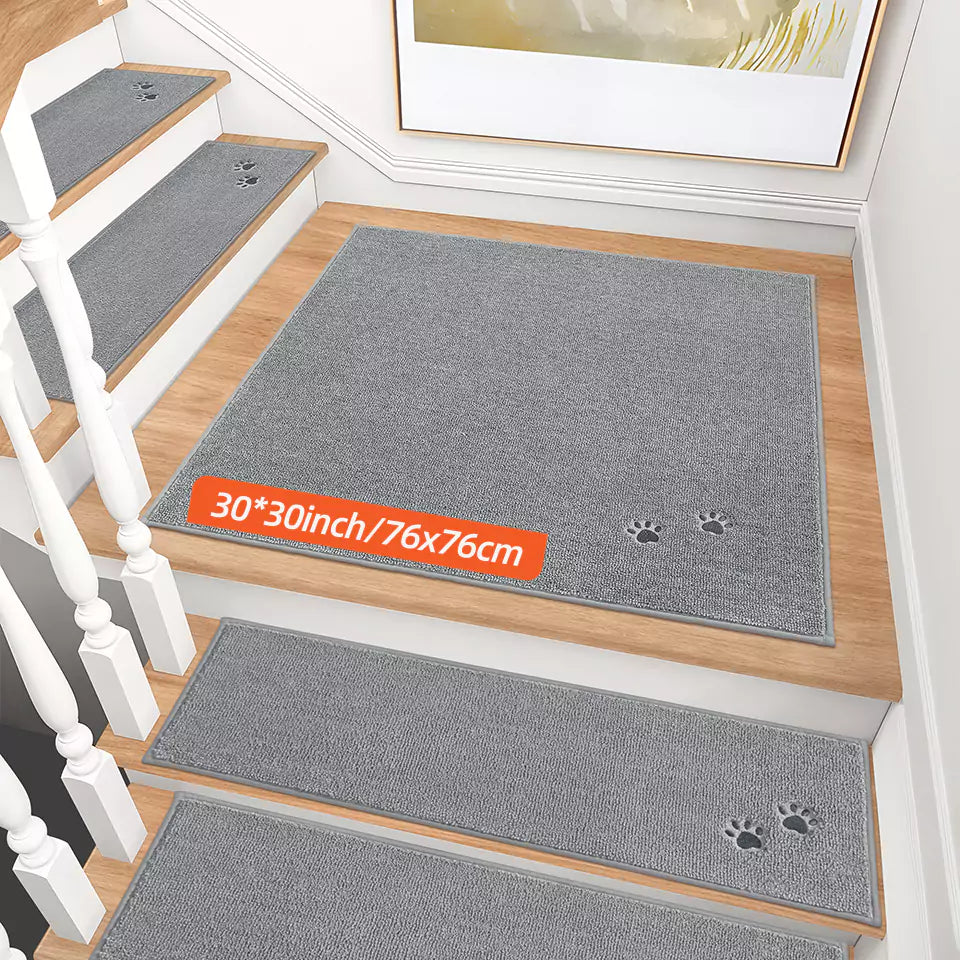 Size of Grey Embroidered Dog Paw Prints Stair Corner Mat
