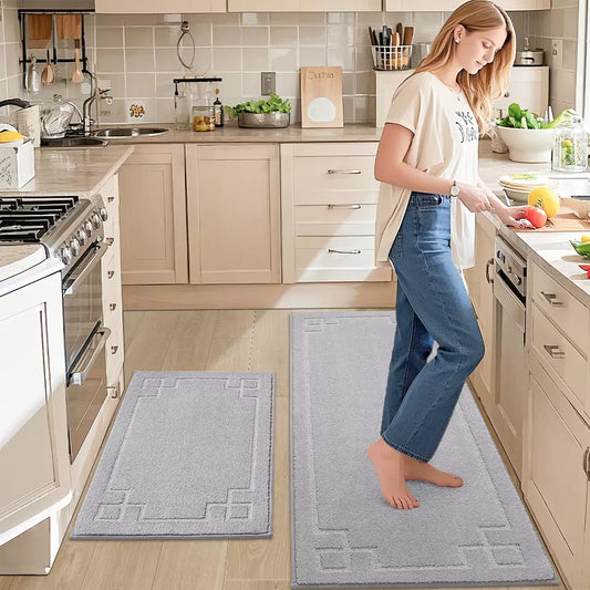 Woman Cooking while Standing on Framed Large Non Slip Kitchen Mats