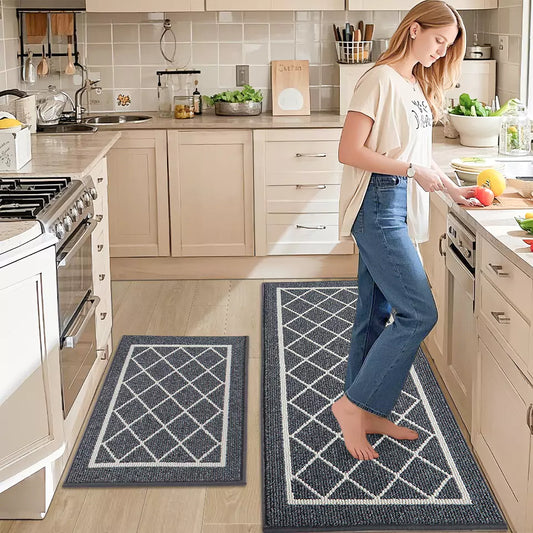 Woman Cooking while Standing on Pattern Padded Kitchen Runner