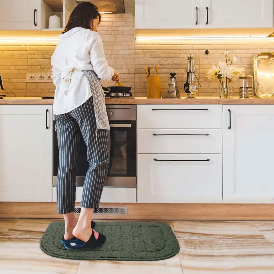 Woman Standing on Beqhause D Shaped Kitchen Mat
