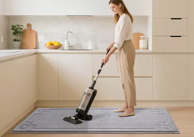 Woman Using Vacuum to Clean Kitchen Rug