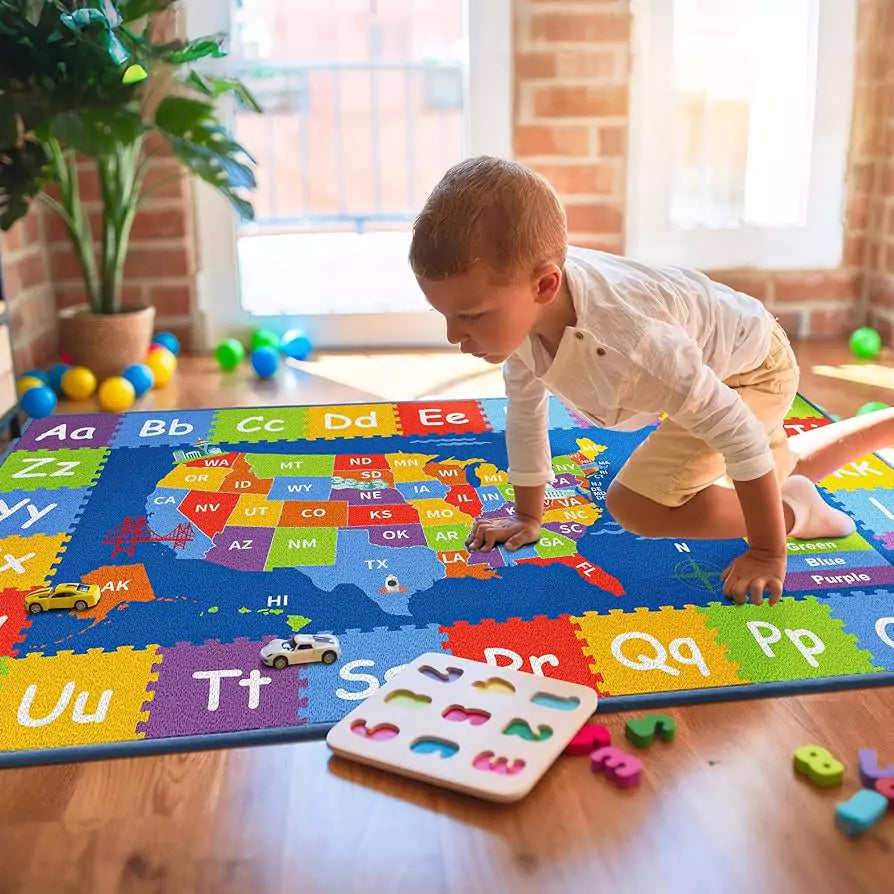 Beqhause Play Mats featuring an educational alphabet and colorful map design for kids' playtime