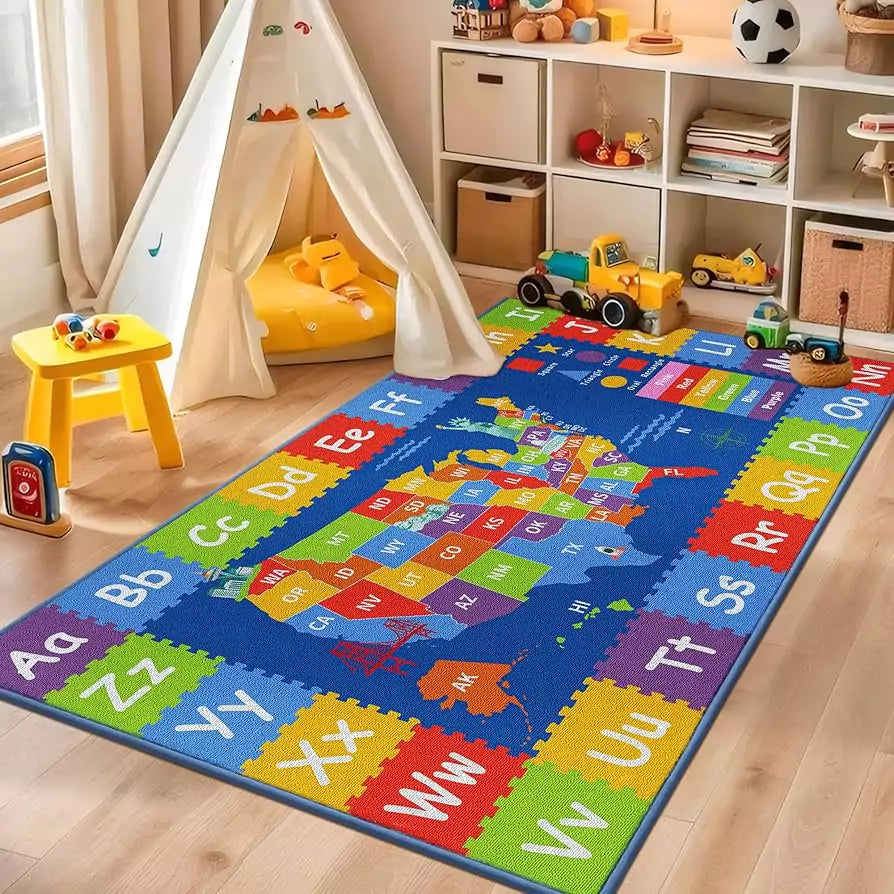 Beqhause Play Mats featuring a colorful US map and alphabet for children's playroom fun