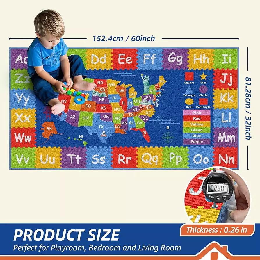 Beqhause Play Mats featuring a colorful US map design for educational fun in playrooms and bedrooms