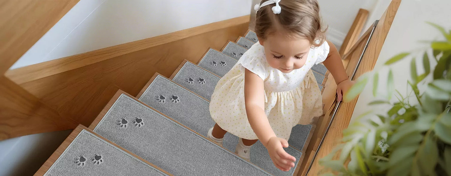Girl is Stepping up the Stairs with Stair Rugs