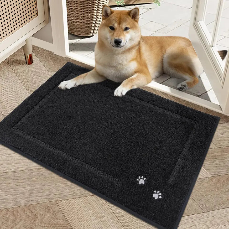 20x32 Black Embroidered Dog Paw Prints Mud Rug for Dogs