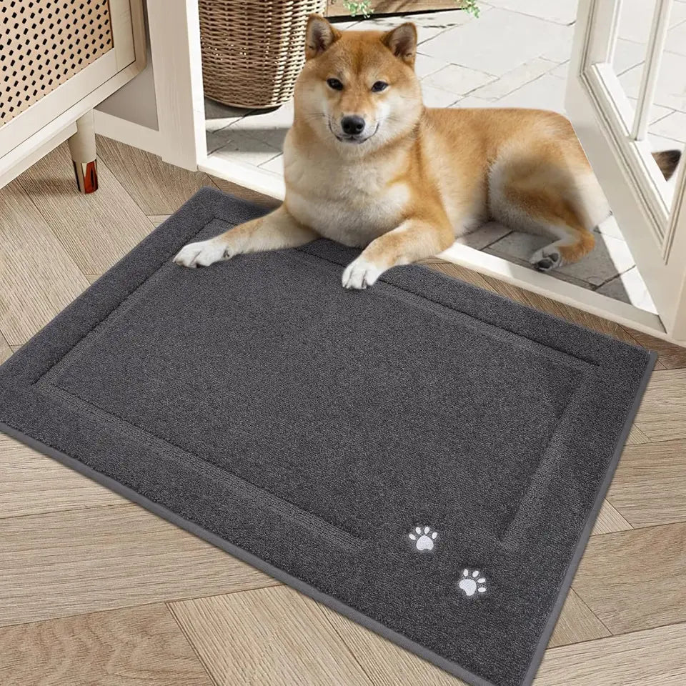 20x32 Dark Grey Embroidered Dog Paw Prints Mud Rug for Dogs