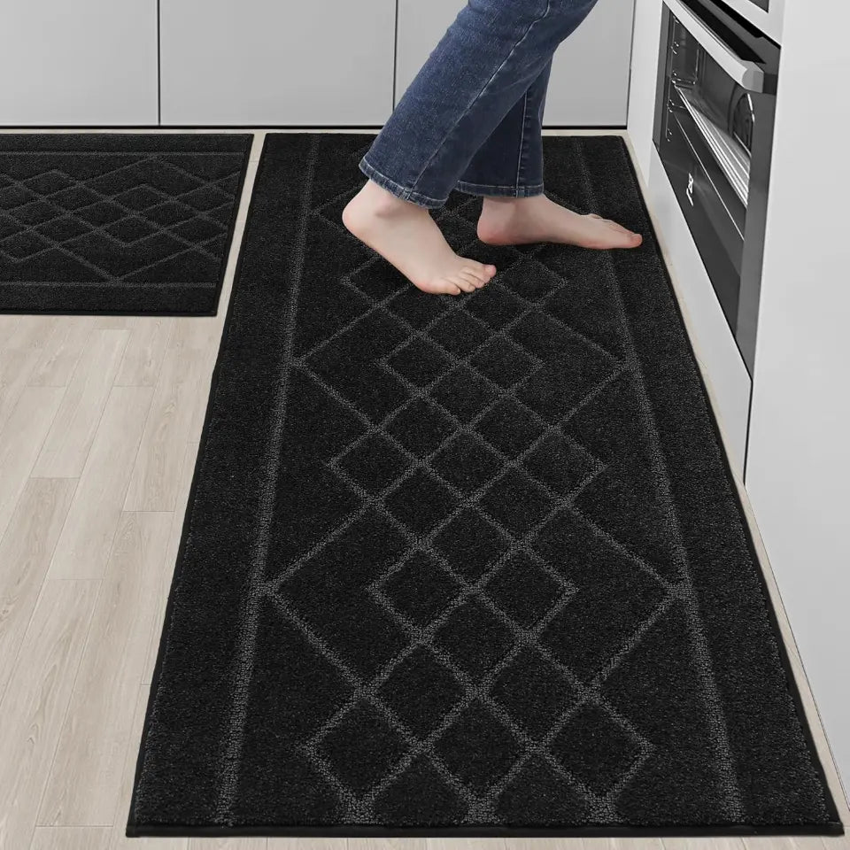 20x59 Black Embossed Diamond Lattice with Two Side Border Kitchen Rugs