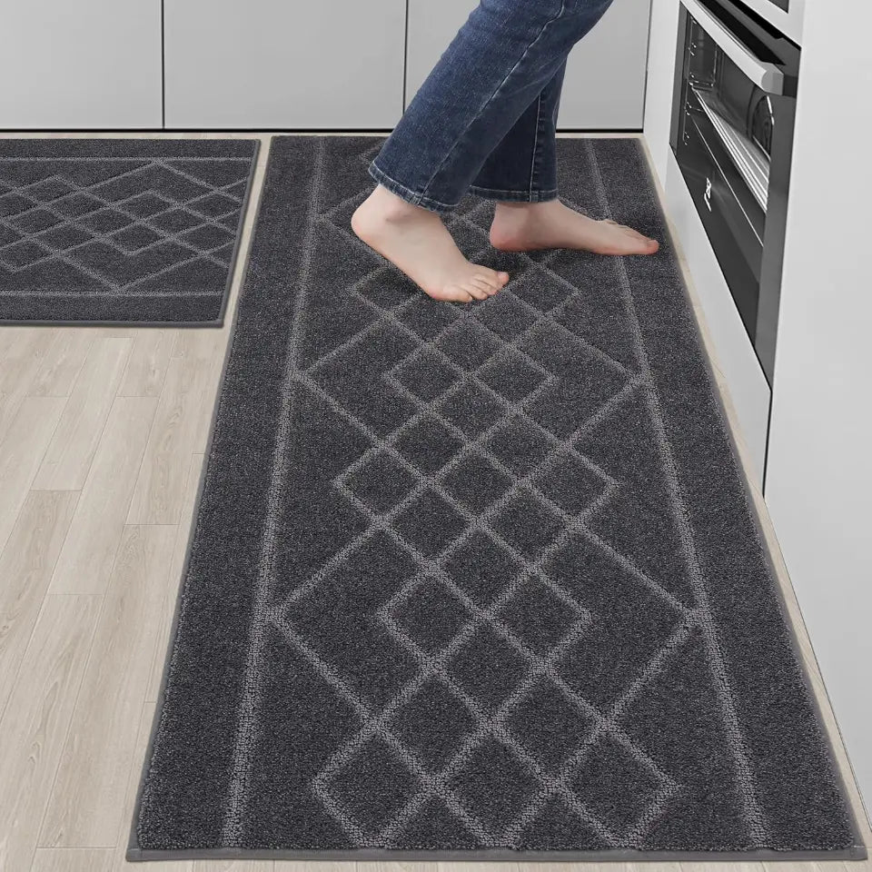 24x35 24x60 Dark Grey Embossed Diamond Lattice with Two Side Border Kitchen Rugs
