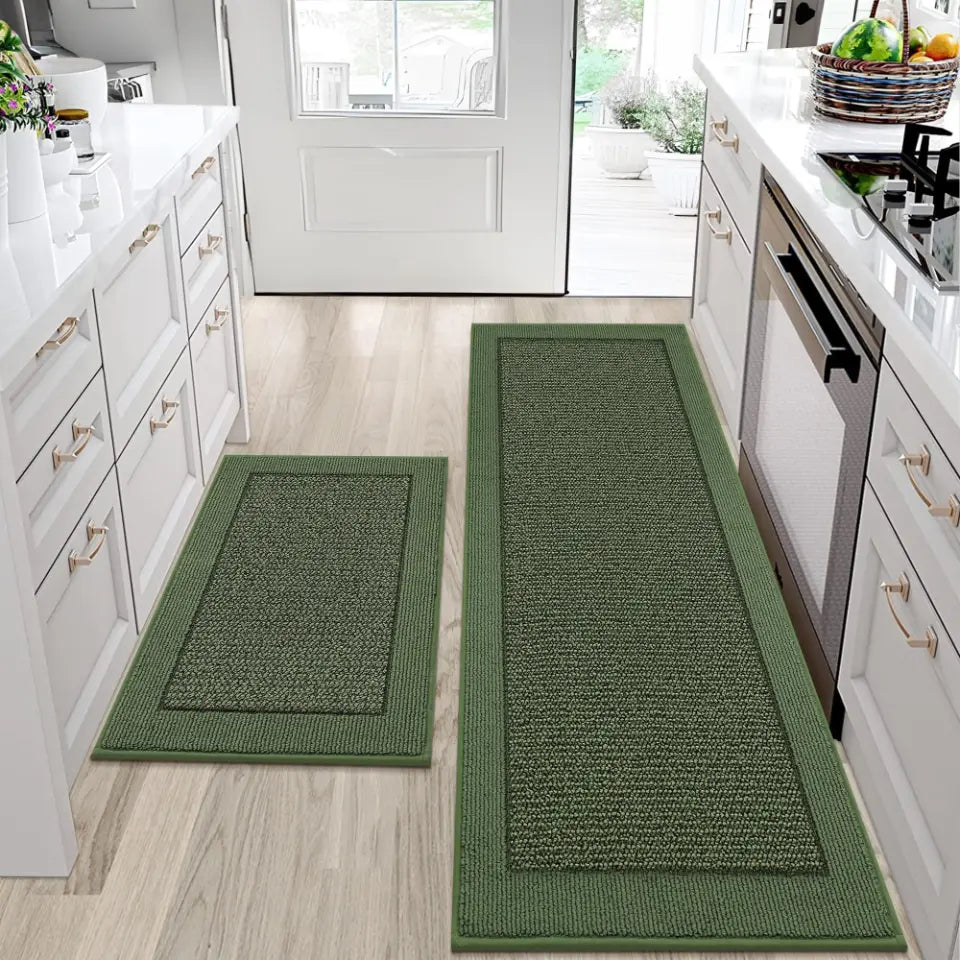 24x36 24x60 Green Solid Colored Bordered Long Kitchen Rug Sets