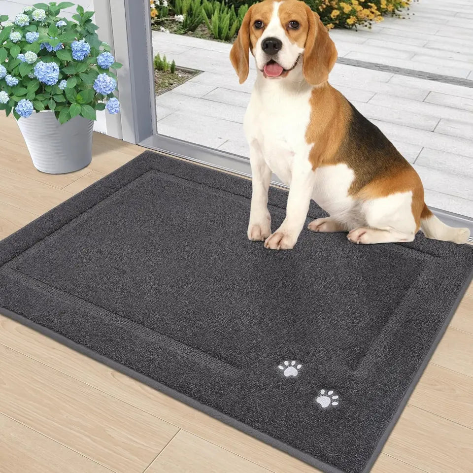 24x36 Dark Grey Embroidered Dog Paw Prints Mud Rug for Dogs