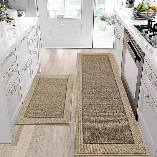 24x60 Beige Solid Colored Bordered Long Kitchen Rug Sets