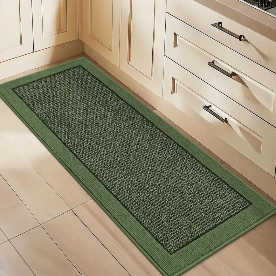 24x60 Green Solid Colored Bordered Long Kitchen Rug