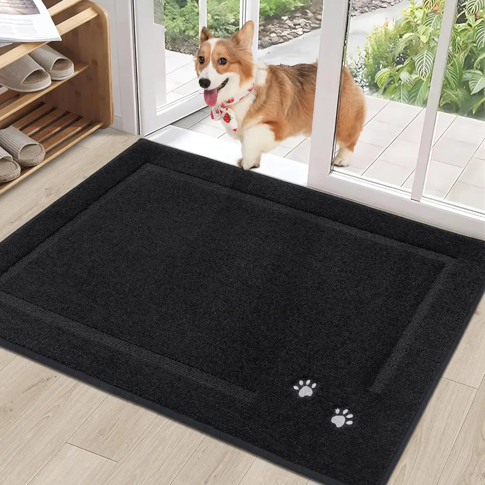 32x48 Black Embroidered Dog Paw Prints Mud Rug for Dogs