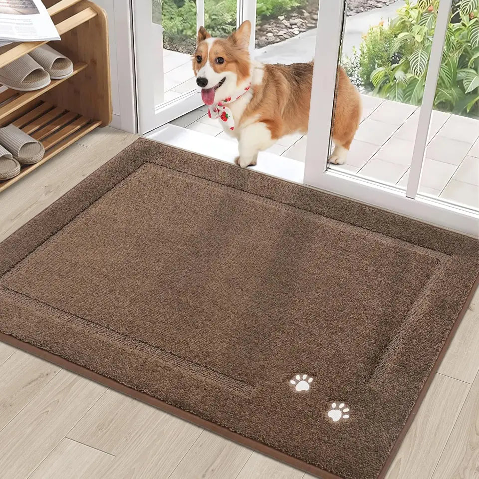 32x48 Brown Embroidered Dog Paw Prints Mud Rug for Dogs